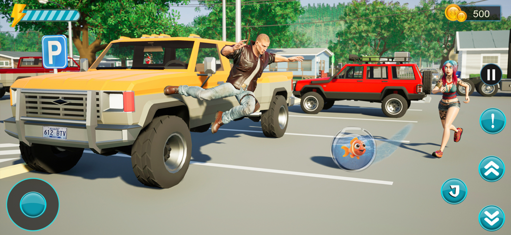 Hungry Piranha Aquarium Fish - A fish in a water bubble rolls across a parking lot near a truck in Hungry Piranha Aquarium Fish.