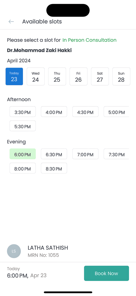 Mobile interface of the Polyclinic app showing available time slots for an in-person consultation with a doctor and a book now button.
