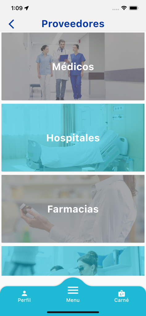 Ficohsa Seguros - Interface de l'application mobile Ficohsa Seguros affichant des catégories pour les médecins, les hôpitaux et les pharmacies.