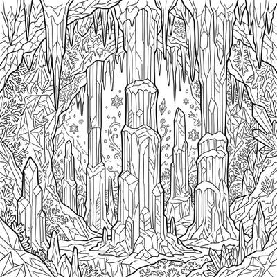 Explore a breathtaking world of frozen beauty with this intricate ice columns coloring page. Dive into a serene cave environment, perfect for unleashing your creativity with cool blues, whites, and shimmering accents.