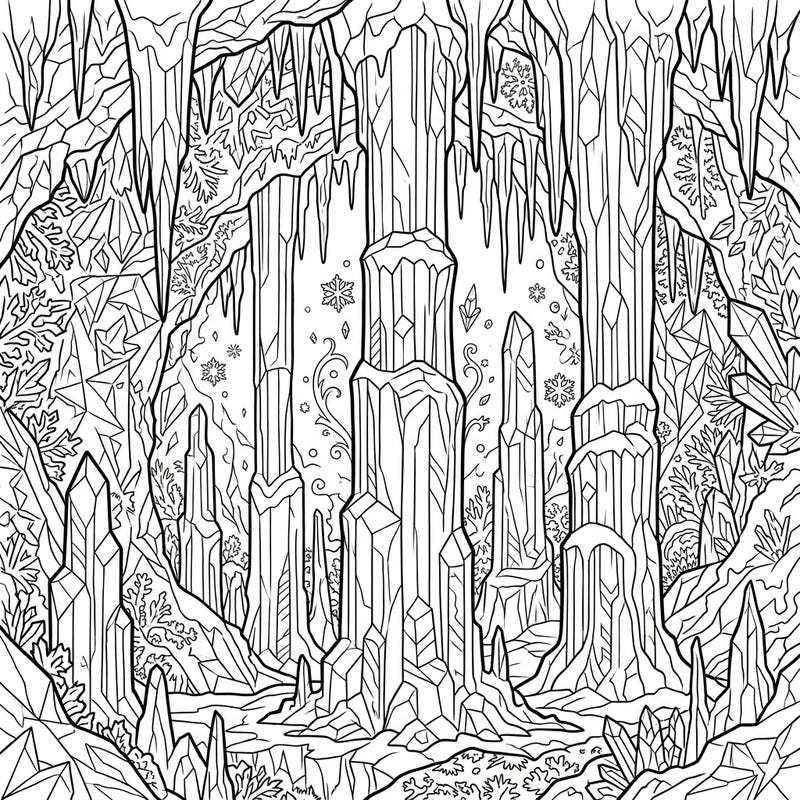 Explore a breathtaking world of frozen beauty with this intricate ice columns coloring page. Dive into a serene cave environment, perfect for unleashing your creativity with cool blues, whites, and shimmering accents.