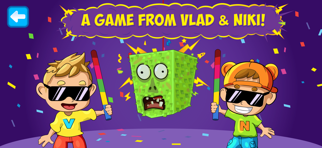Vlad & Niki Cooking Pizza Game - Cartoon characters Vlad and Niki holding sticks to hit a green square zombie pinata at a confetti party
