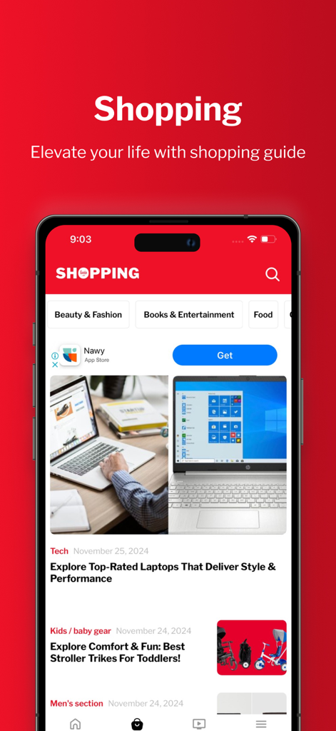 Lovin. - Shopping guide screen of the Lovin app featuring lifestyle and tech product articles