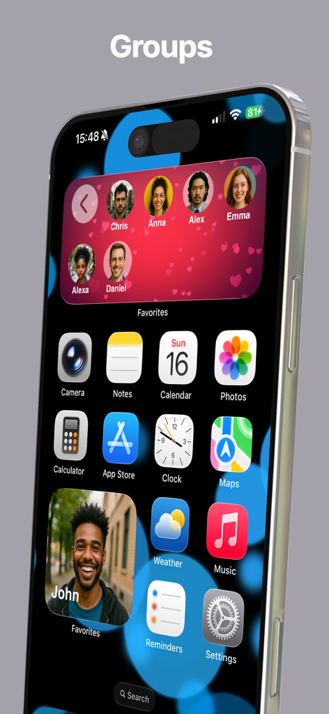 Favorites Widget Pro - iPhone home screen showing a contact groups widget for quick communication