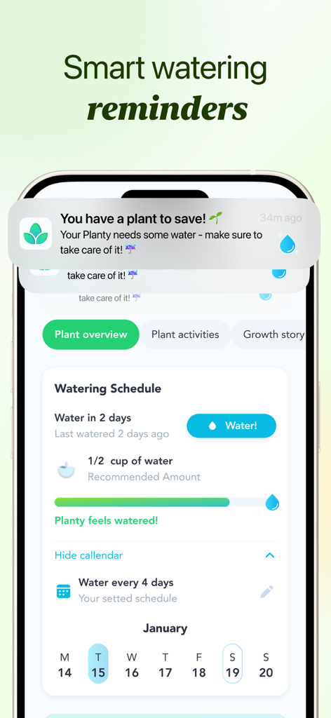 Flora - Plant ID & Diagnosis - Smartphone screen showing the Flora app smart watering notification and personalized care schedule interface