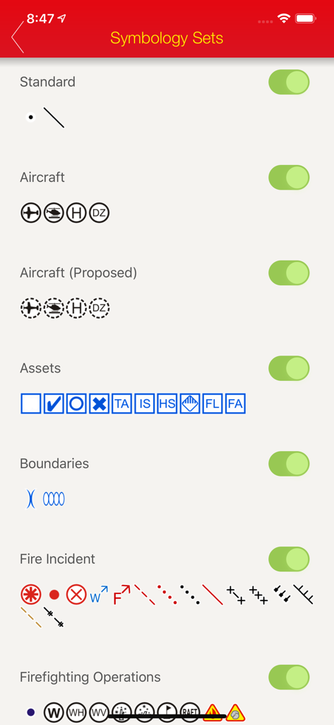FireMapper Enterprise - Interface for selecting and toggling various tactical symbology sets for emergency incident mapping.