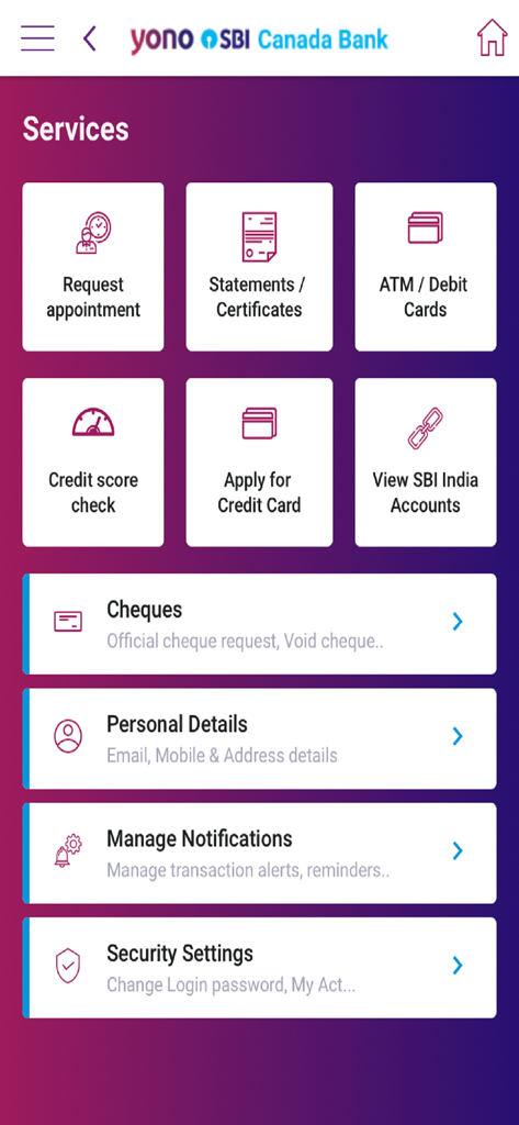 YONO SBI Canada - YONO SBI Canada mobile app services dashboard showing various banking features like account statements and credit card applications