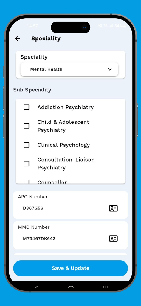 TeleCure - TeleCure app screen for doctors to select medical speciality and enter registration numbers