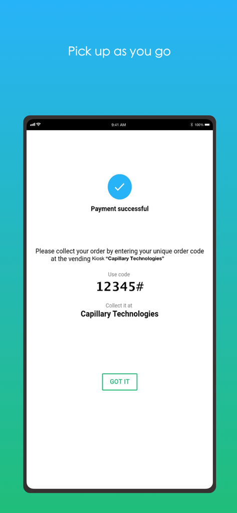 Azgo app payment confirmation screen showing a unique order code to be entered at a workplace vending kiosk.