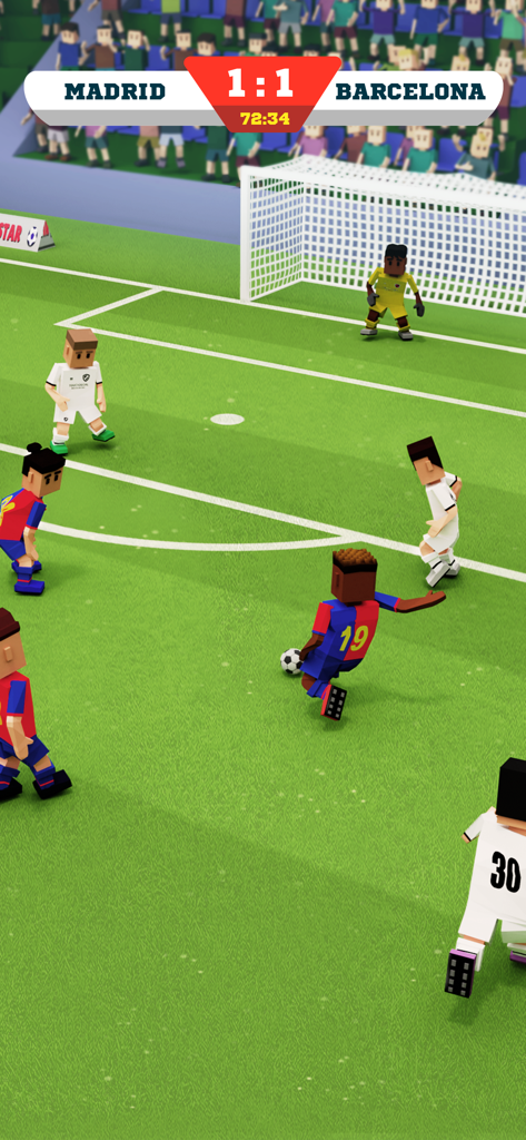 Mini Soccer Star 2025 - Captura de pantalla del juego de Mini Soccer Star 2025 mostrando un partido entre Madrid y Barcelona con gráficos estilizados y con bloques.