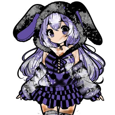 pretty anime girl wearing a fluffy hoodie with bunny ears on the hood and a skirt