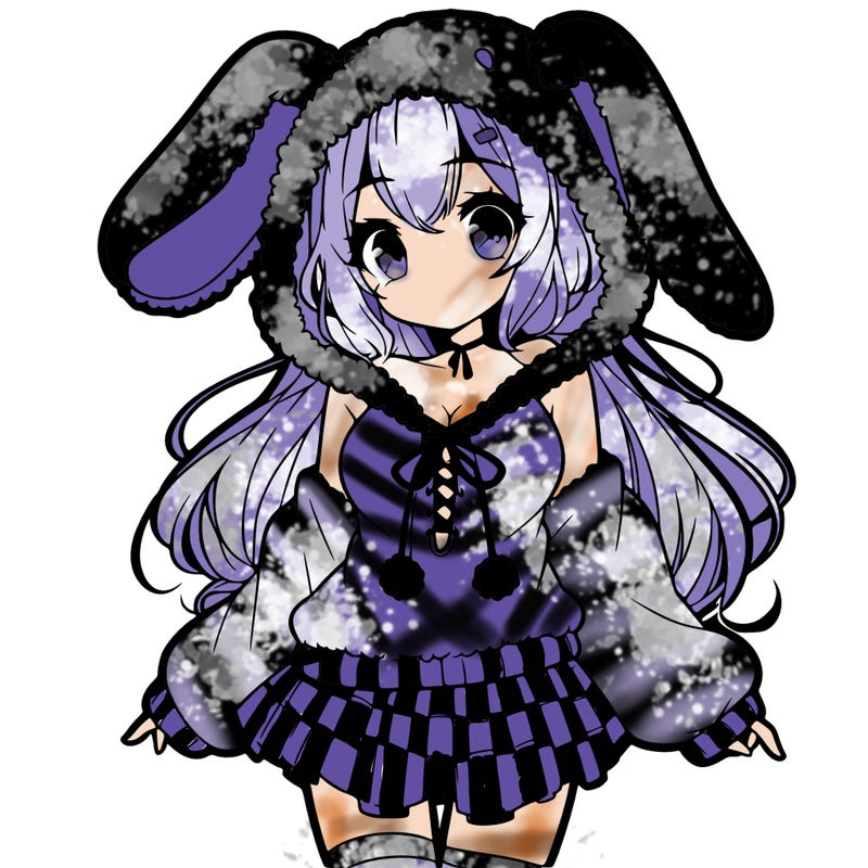 pretty anime girl wearing a fluffy hoodie with bunny ears on the hood and a skirt