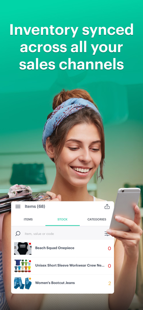 Kyte: POS, Inventory and Store - A small business owner using the Kyte app to sync inventory levels across multiple sales channels