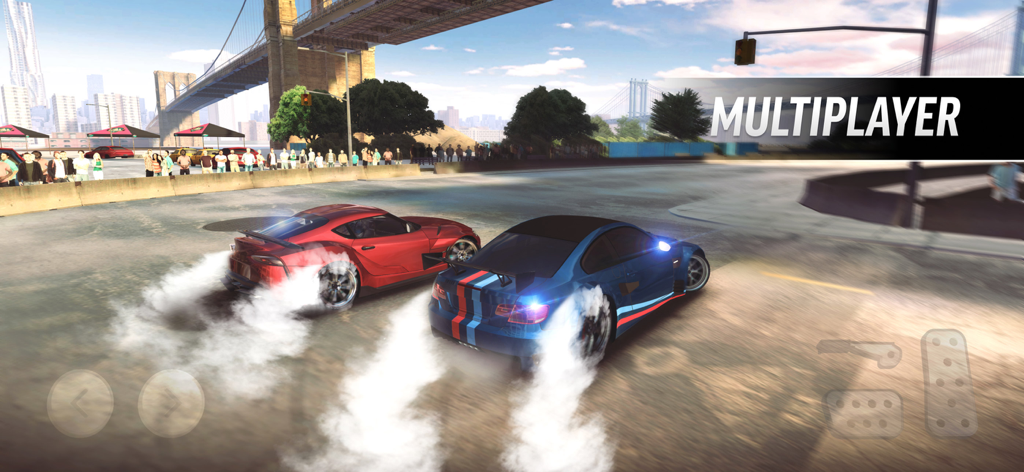 Two customized cars performing a drift in multiplayer mode on a Brooklyn street track