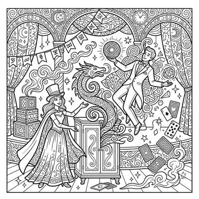 Prepare to be spellbound by this intricate full scene coloring page, where illusionists perform their most enchanting magic. Dive into a detailed world of floating magicians, mystical creatures, and swirling spells, ready for your artistic touch.