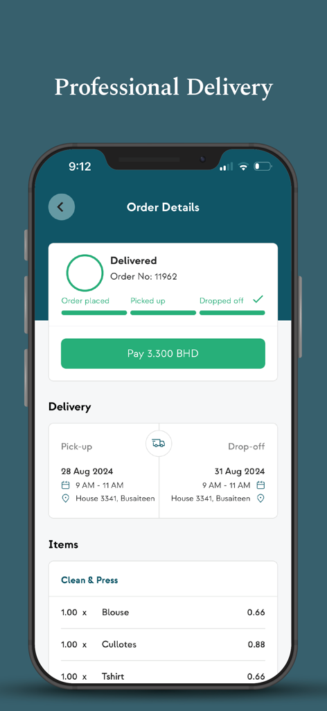 The Laundry House - Captura de pantalla de la aplicación The Laundry House que muestra los detalles del pedido con el estado de entrega y la lista de servicios detallada