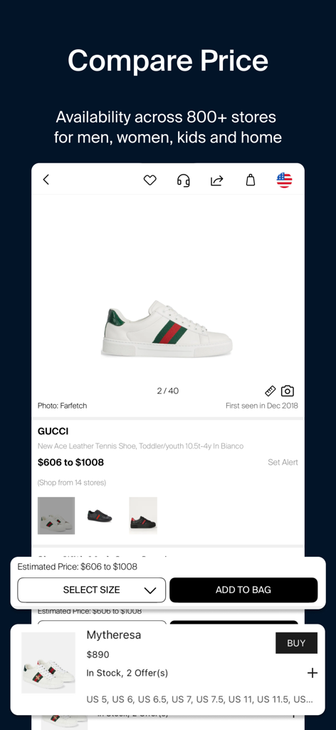 ModeSens app interface showing price comparison for Gucci luxury shoes across multiple stores
