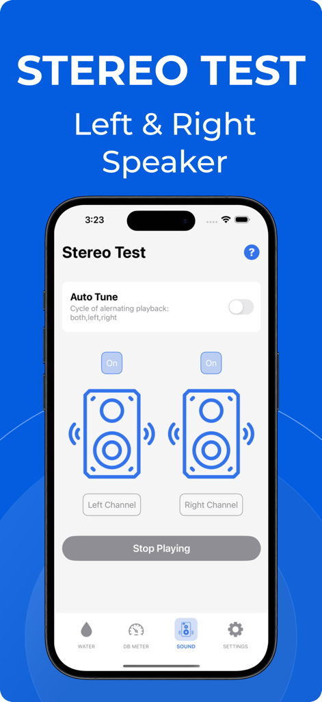 Water Eject Shortcut - Interface for testing left and right speaker audio channels in the Water Eject Shortcut app.