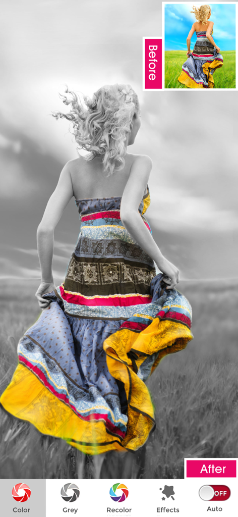 Photo Splash photo editor app - Photo Splashアプリの選択的カラー化エフェクトを使用して、黒と白の背景に対してカラフルなドレスを着た女性が写っている