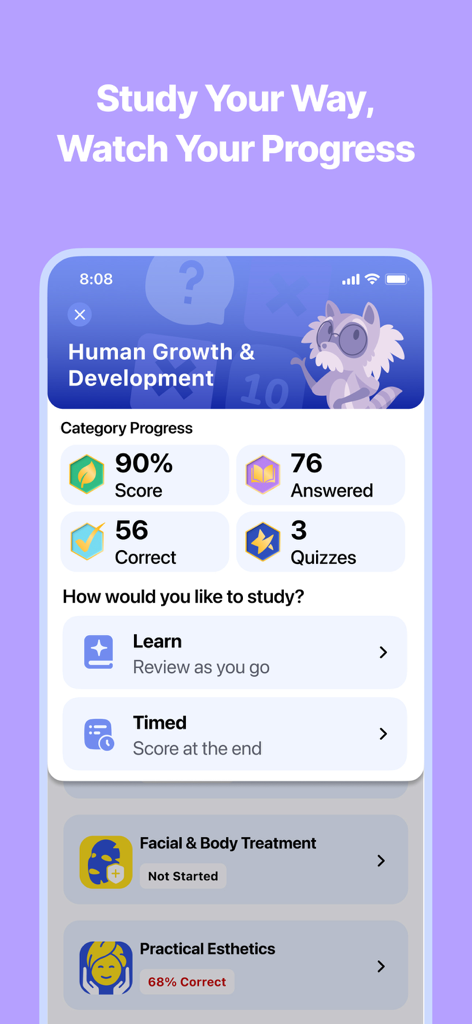 Study progress dashboard for Esthetician and Cosmetology exam preparation showing scores and study modes.