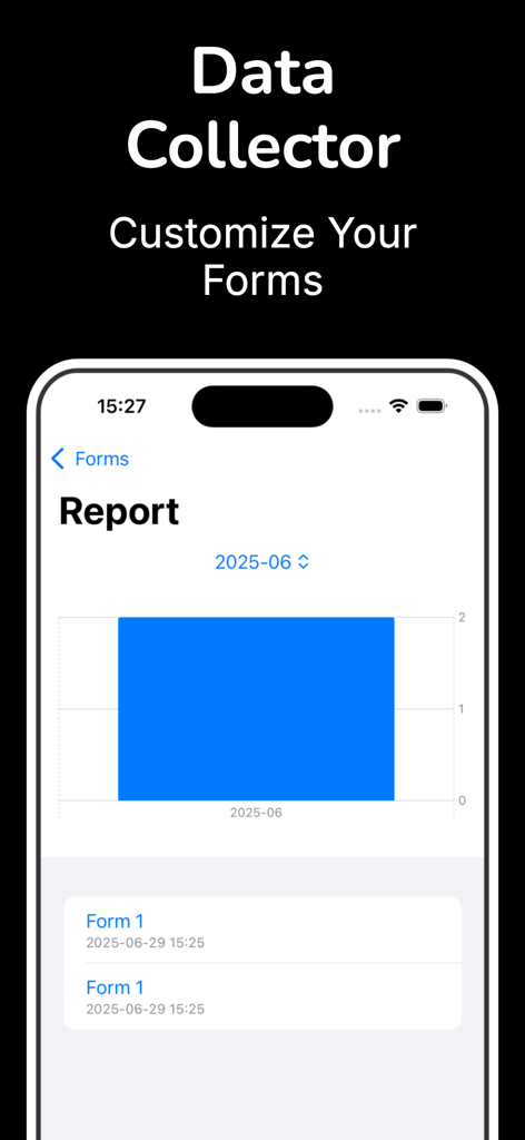 A smartphone screen showing a data collection report with a bar chart and form logs in the Kiosk Form Builder app.