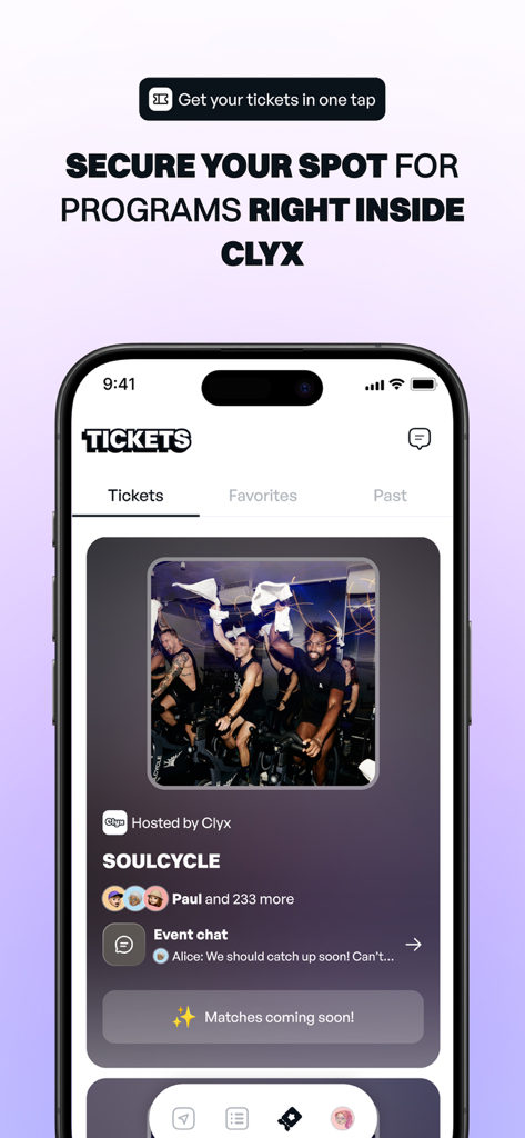 Clyx: Genuine Friends & Events - Clyx app interface showing a SoulCycle event booking screen with ticket management and event chat features.