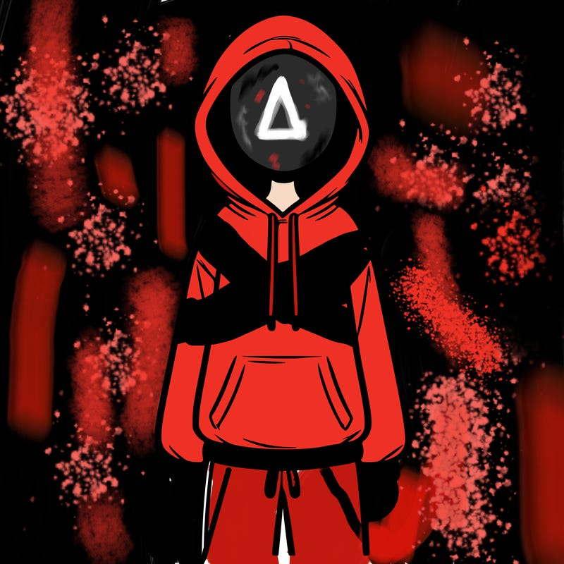 faceless girl in a tracksuit with a hood on and no hair