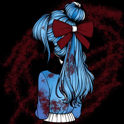 realistic girl  with hip length hair a bun and a big bow on the back of head