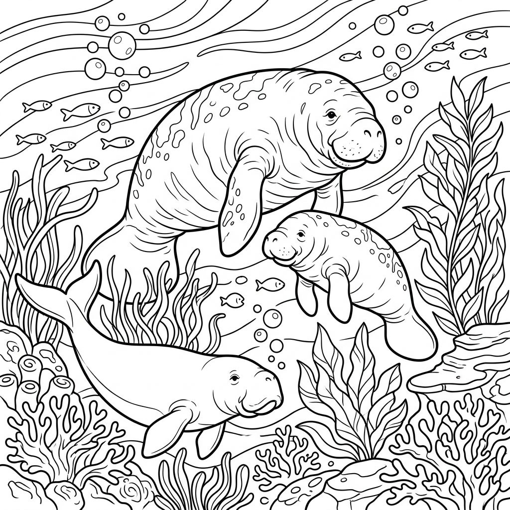 Gentle Manatees & Dugongs Coloring Page - Underwater Fun