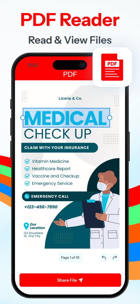 All Document Reader: PDF, Word - 共有ボタン付きのオール ドキュメント リーダーアプリ内で医療検査のPDFドキュメントを表示するiPhone画面