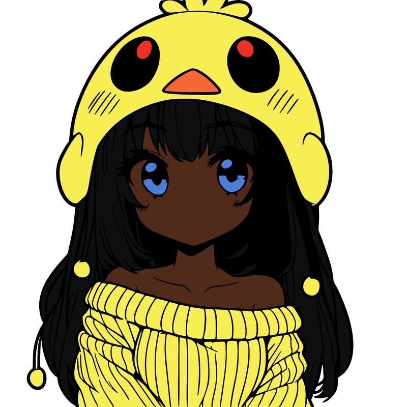 anime girl with chick shaped hat with sweater with bare shoulders with bangs covering them one eye with low tail