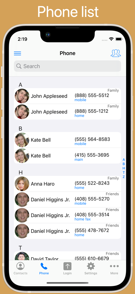 Interface de la liste de contacts dans l'application ContactsPro HX affichant les numéros de téléphone et les étiquettes