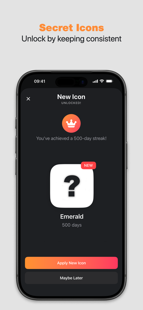 HabitGlass: Habit Tracker - HabitGlass app screen showing an unlocked custom icon for a 500 day streak