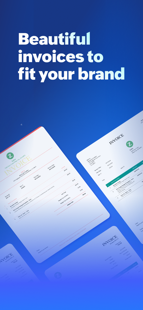 Zoho Books app displaying various professional and branded invoice templates