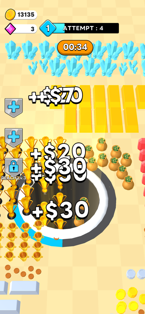 Money Hole! - A mobile game screen showing a black hole collecting gold trophies and money bags.