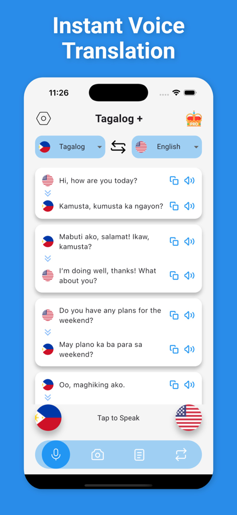 Serbian Translator & More + - Interface de traduction vocale instantanée affichant une conversation traduite entre deux personnes.