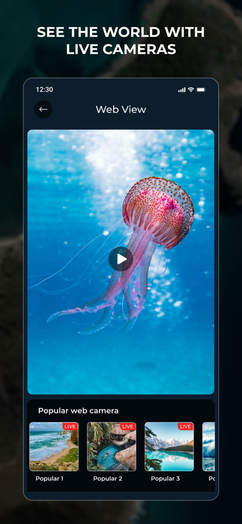 Smartphone app screen showing a live video feed of a pink jellyfish and popular webcam locations like beaches and lakes