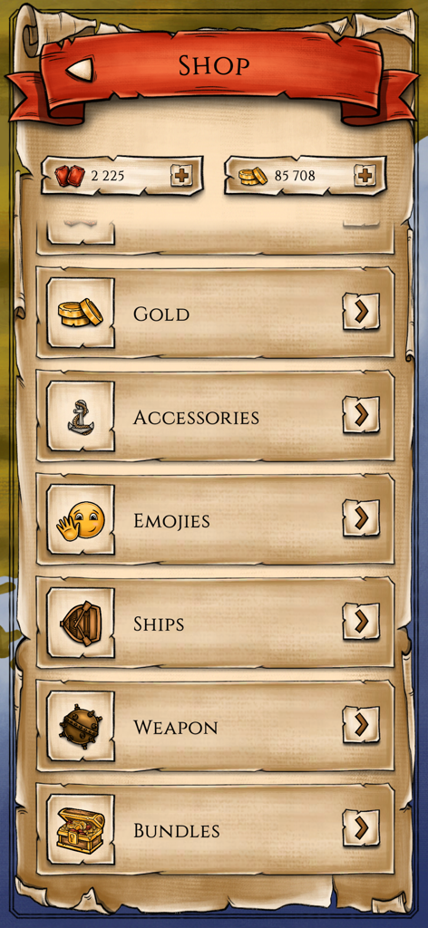 Pirate themed shop menu in Sea Battle Online Game with sections for gold accessories ships and weapons