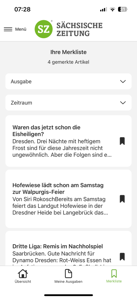 SZ E-Paper Mobile App, die eine Liste von markierten Nachrichtenartikeln anzeigt