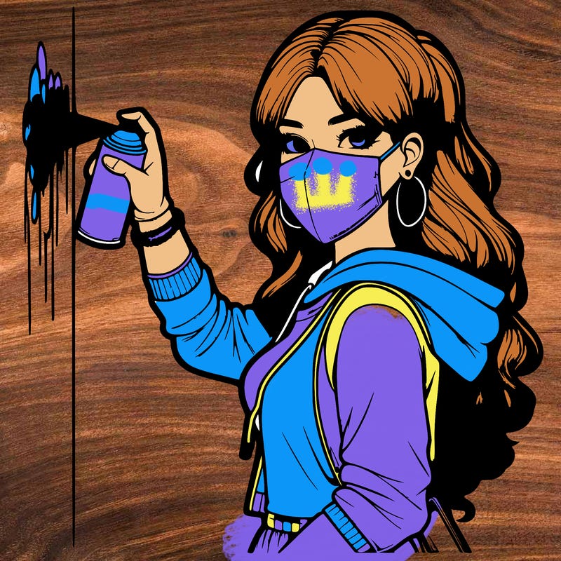 realistic girl with mask spray painting a wall