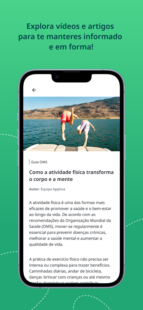 Apptiva - Screenshot of the Apptiva app displaying an educational article about how physical activity benefits the body and mind.