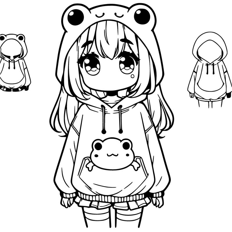 cute anime girl wearing a baggy frog sweatshirt