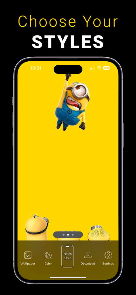 INFI: Dynamic Island Wallpaper - Interfaz de la aplicación INFI que muestra un fondo de pantalla amarillo con un personaje de Minion colgando de la Isla Dinámica del iPhone.