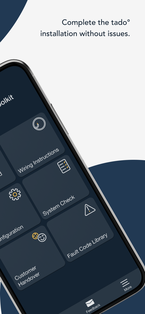 Interface de la boîte à outils de l'application pour installateurs professionnels affichant des icônes pour les instructions de câblage, la vérification du système et la bibliothèque de codes d'erreur
