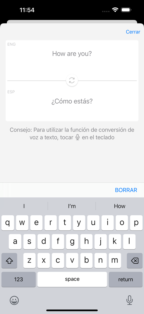Schermata di traduzione dell'app Comunicatore del Paziente che mostra testo in inglese e spagnolo per la frase Come stai