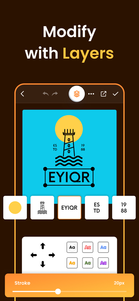 Interfaz móvil mostrando la función de modificación con capas para el diseño de logos.