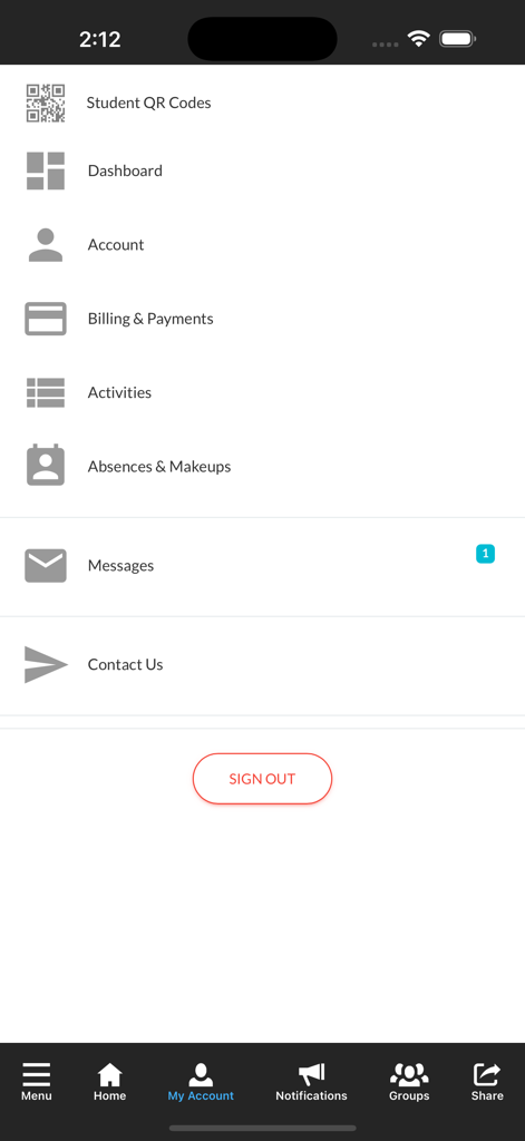 Peak Kids - Pantalla Mi Cuenta de la app Peak Kids con opciones para actividades de facturación y gestión de estudiantes