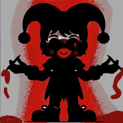 pomni white skin dark brown hair short adjuster hat, that’s red and blue with pom-poms on it red and blue jester suit with pom-poms on the middle 2 of them jester shoes, red and blue at the top yellow ribbon red and blue for the gloves ribbon on the gloves her eyes looks like pizza slices, but colored, red and blue at the same time