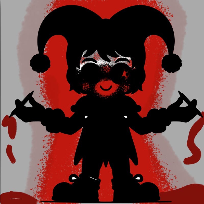 pomni white skin dark brown hair short adjuster hat, that’s red and blue with pom-poms on it red and blue jester suit with pom-poms on the middle 2 of them jester shoes, red and blue at the top yellow ribbon red and blue for the gloves ribbon on the gloves her eyes looks like pizza slices, but colored, red and blue at the same time