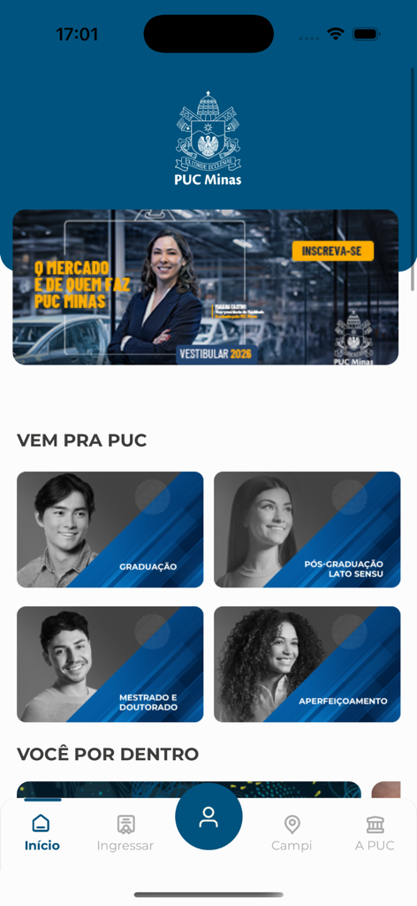 Pantalla de inicio de la aplicación PUC Minas Móvil con programas académicos y opciones de navegación